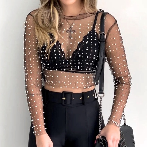 Sheer Black Crop Top with Pearl Detailing Large - Picture 1 of 4